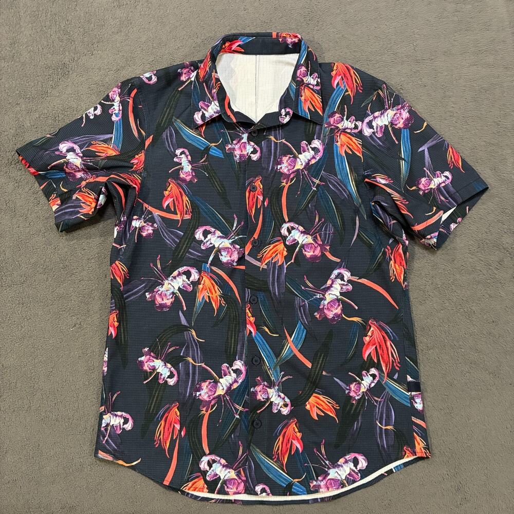 Lululemon Airing Easy Dark Navy Multicolor Tropical Button Down Shirt Men's Sz M